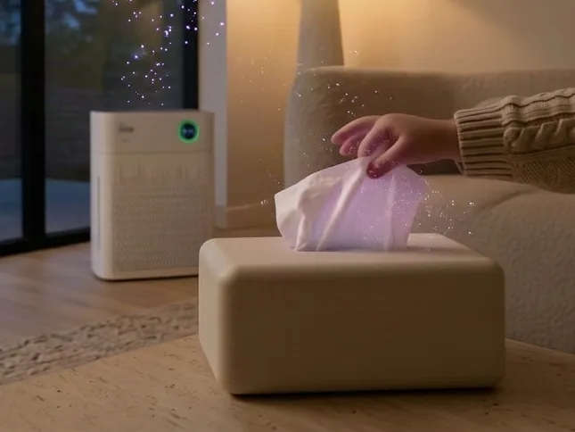 A hand pulling a tissue from a box beside a Maple AirCell in a living room, with violet sparkles in the air