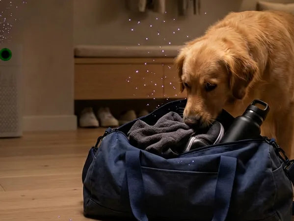A golden retriever sniffing a gym bag in an entryway, with violet sparkles in the air