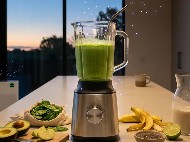 A green smoothie in a blender on a kitchen island at dusk, a Maple AirCell in the background