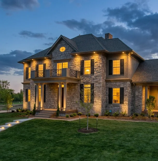 Stone-front two-story home lit up at dusk with a green lawn — John Lynn residence, Lake Norman, NC