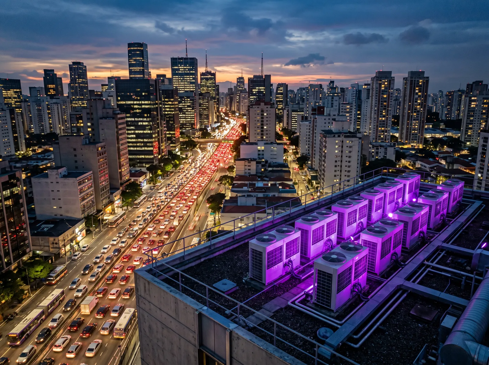 A dense city skyline at dusk with a rooftop bank of air units glowing violet