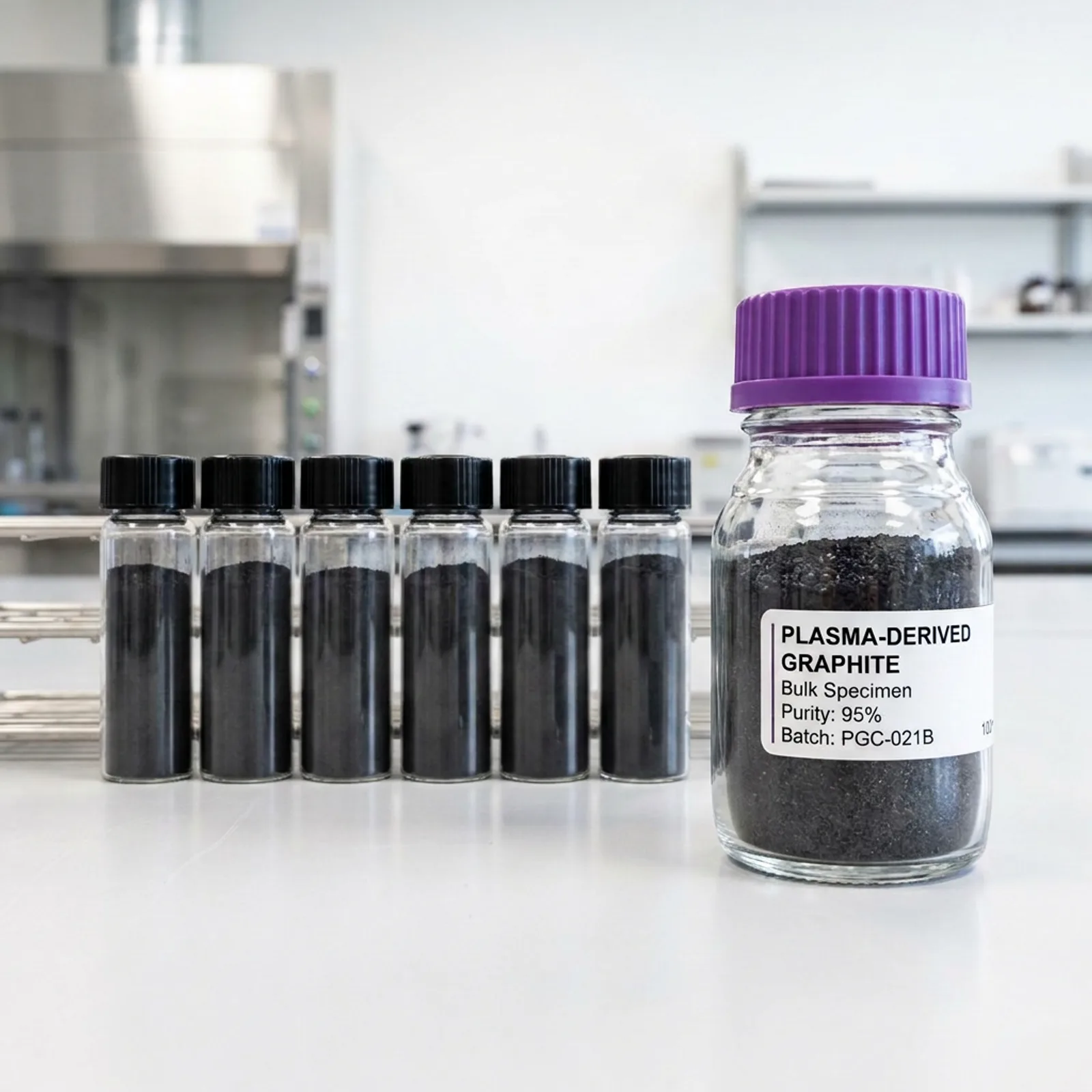 Lab vials and a labeled jar of plasma-derived graphite, a fine black carbon powder