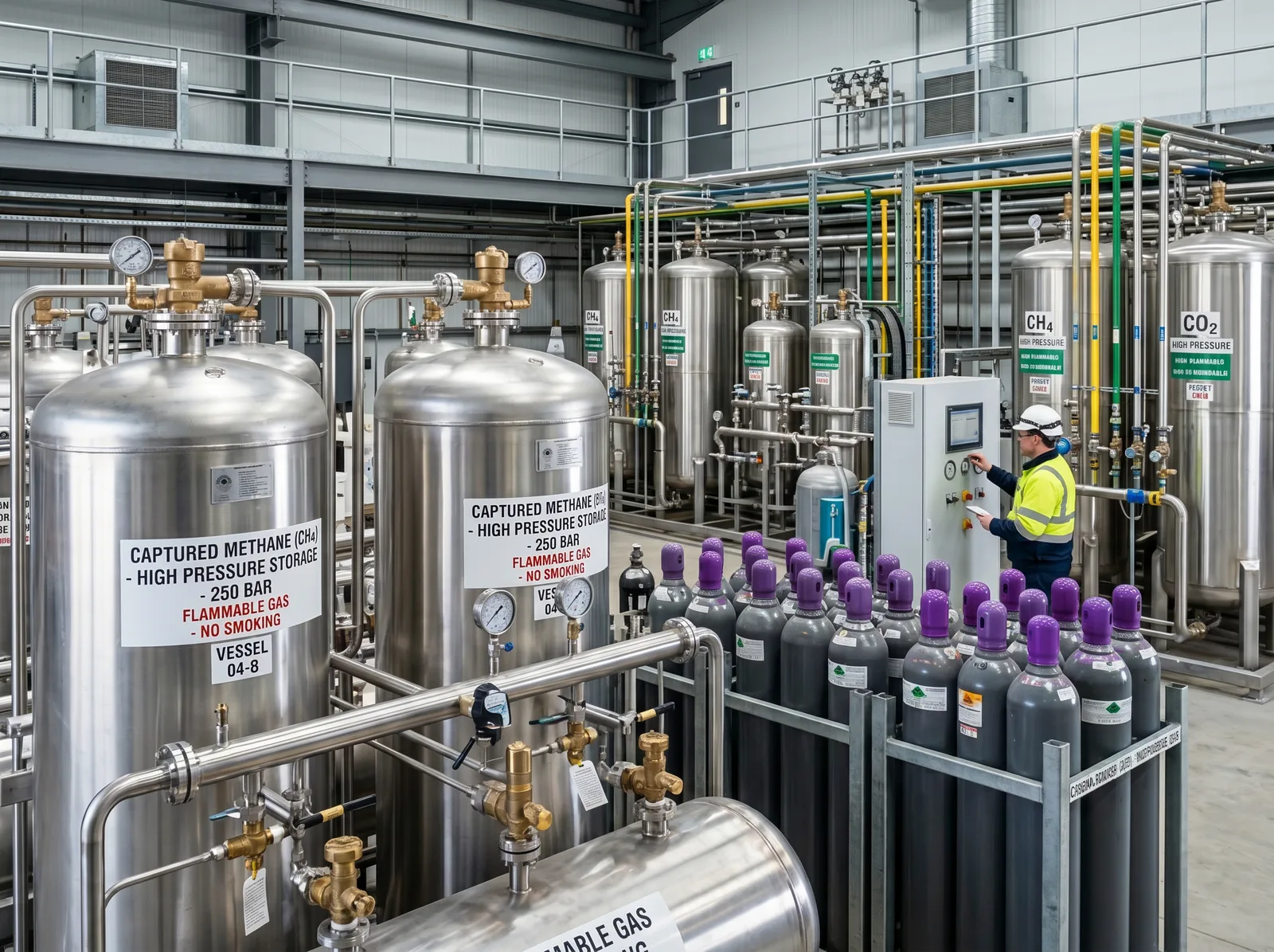An indoor gas-processing facility with captured-methane and CO2 storage tanks and cylinders