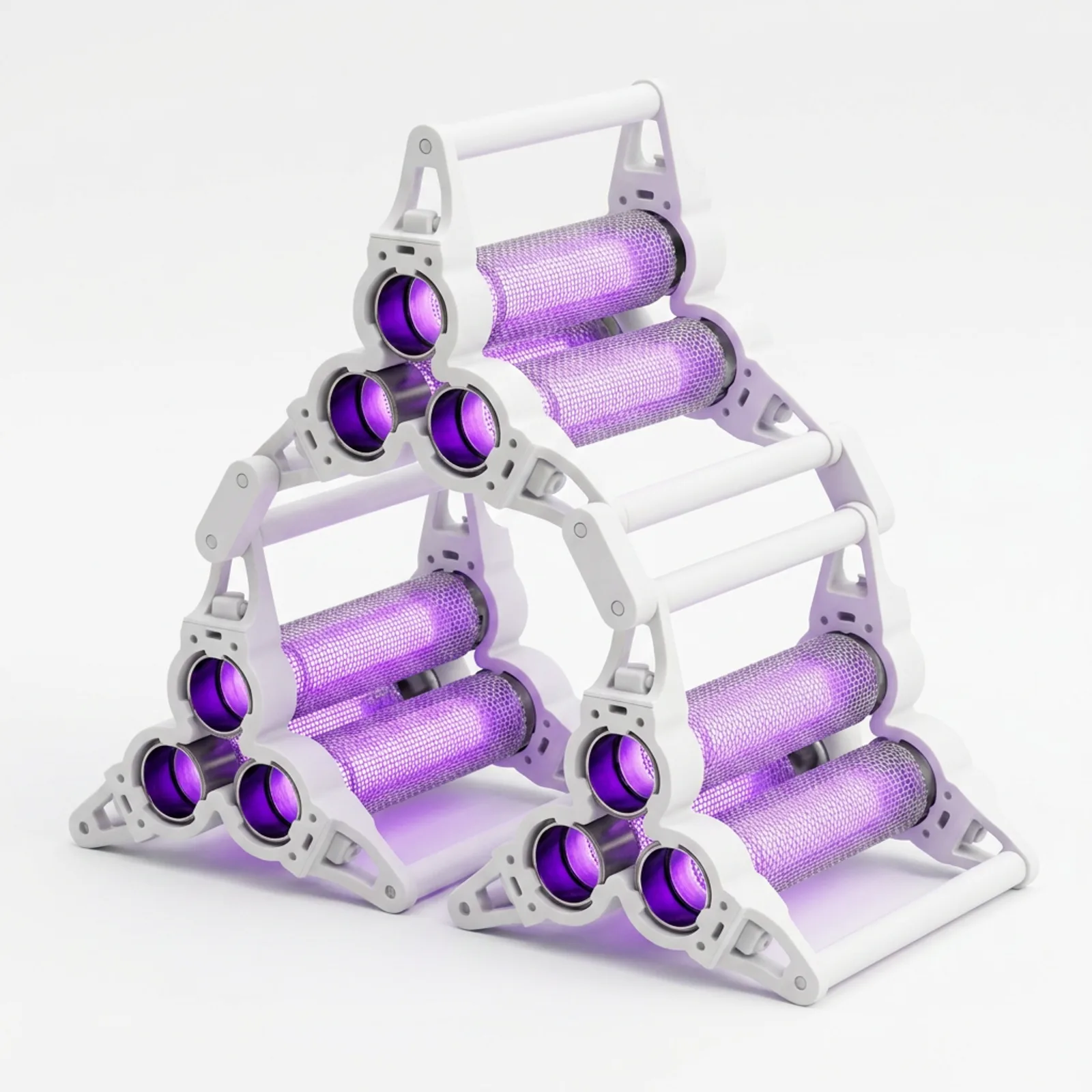 A stacked, modular array of cylindrical Pür Plasma carbon-removal units glowing violet