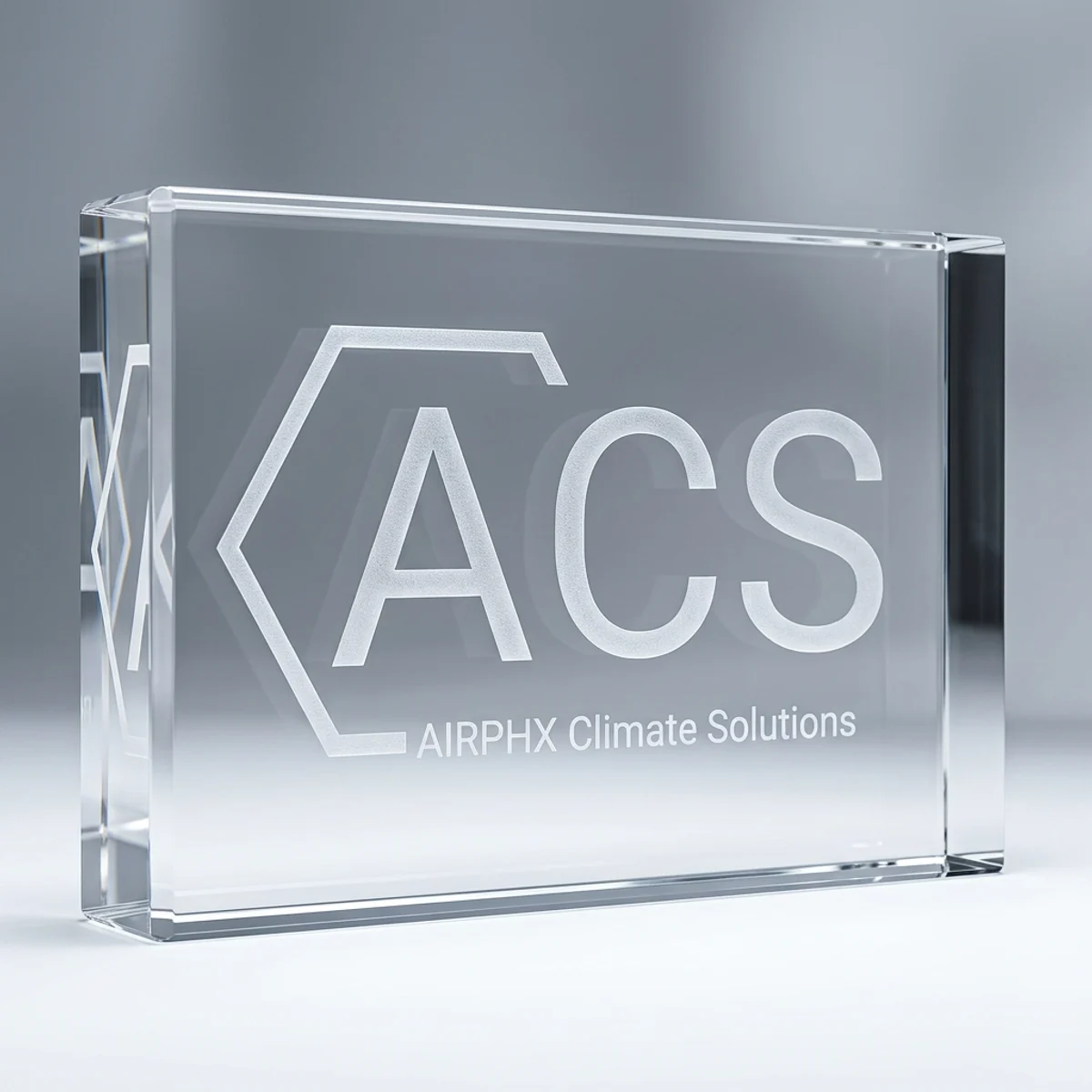 A clear glass award block etched with the ACS / AIRPHX Climate Solutions logo