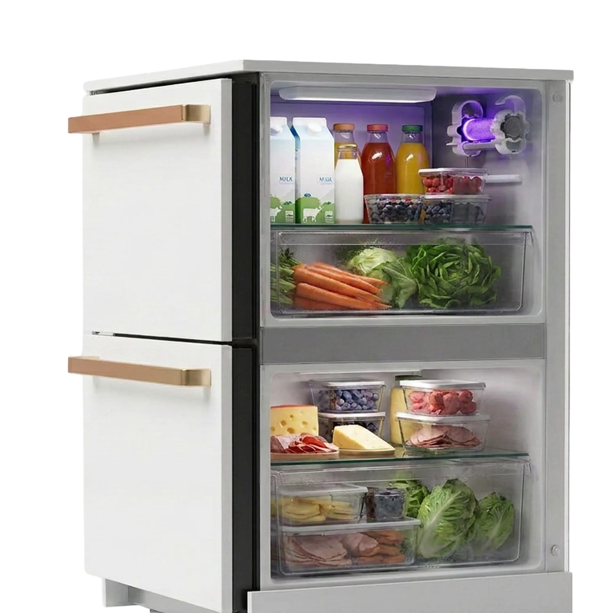 Refrigerator interior with a Pür Plasma core glowing violet inside, keeping stored food fresh