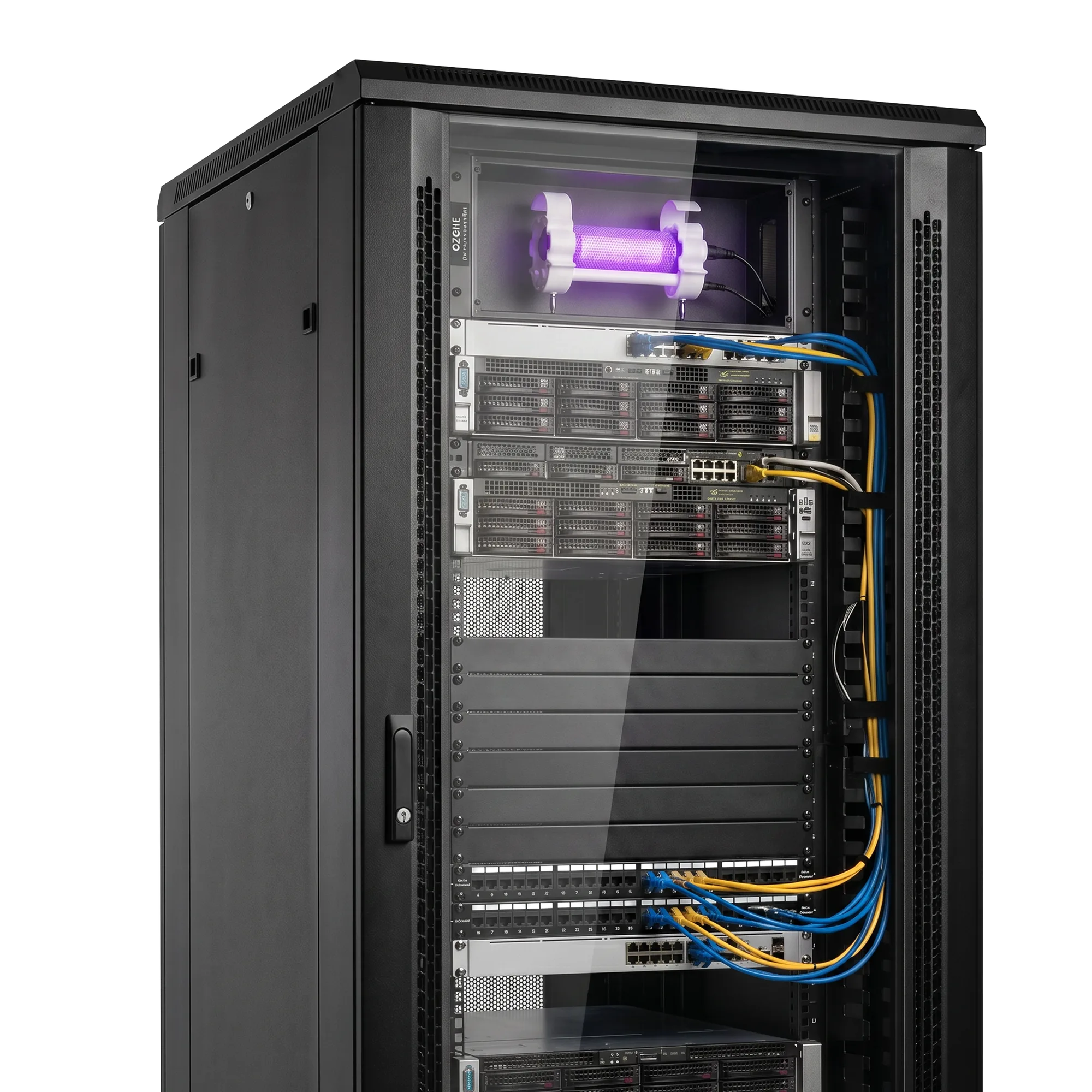 Server rack with a Pür Plasma core glowing violet above the equipment, protecting the hardware