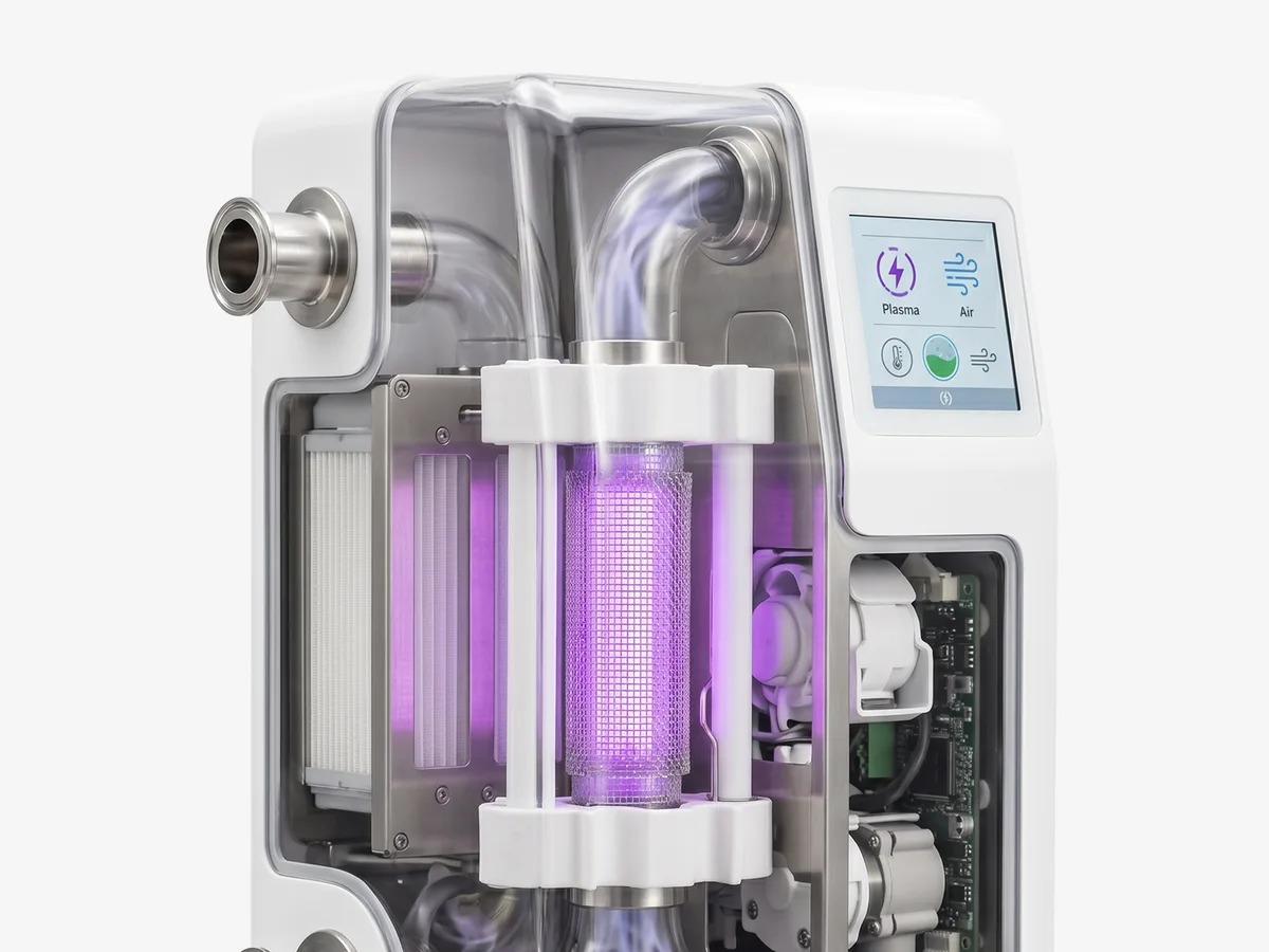 Medical air-purification device with a Pür Plasma core glowing violet behind its display