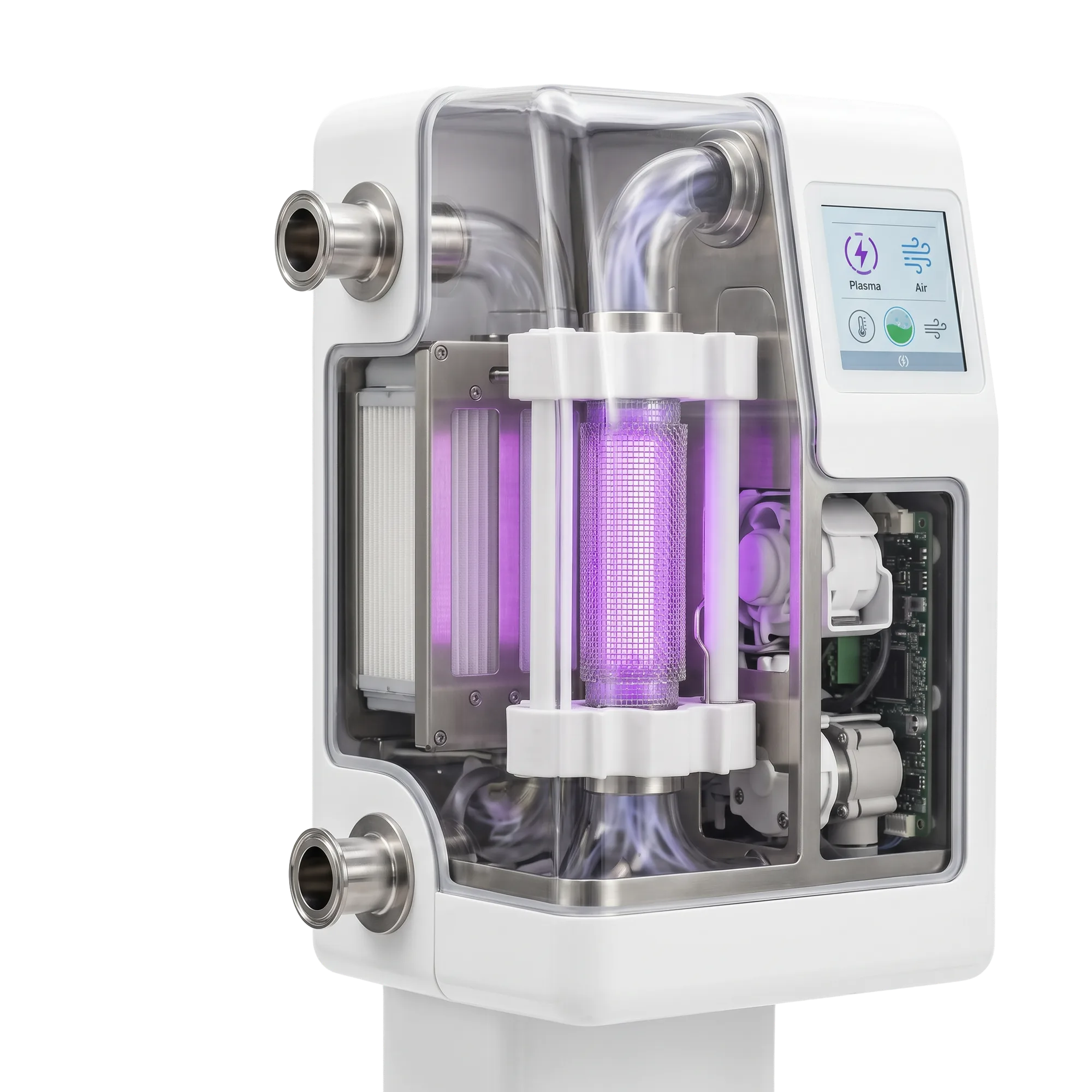 Medical air-purification device with a Pür Plasma core glowing violet behind its display