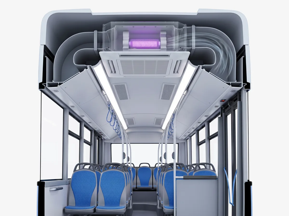 Bus interior with a Pür Plasma core in the overhead HVAC duct, circulating clean air to every seat