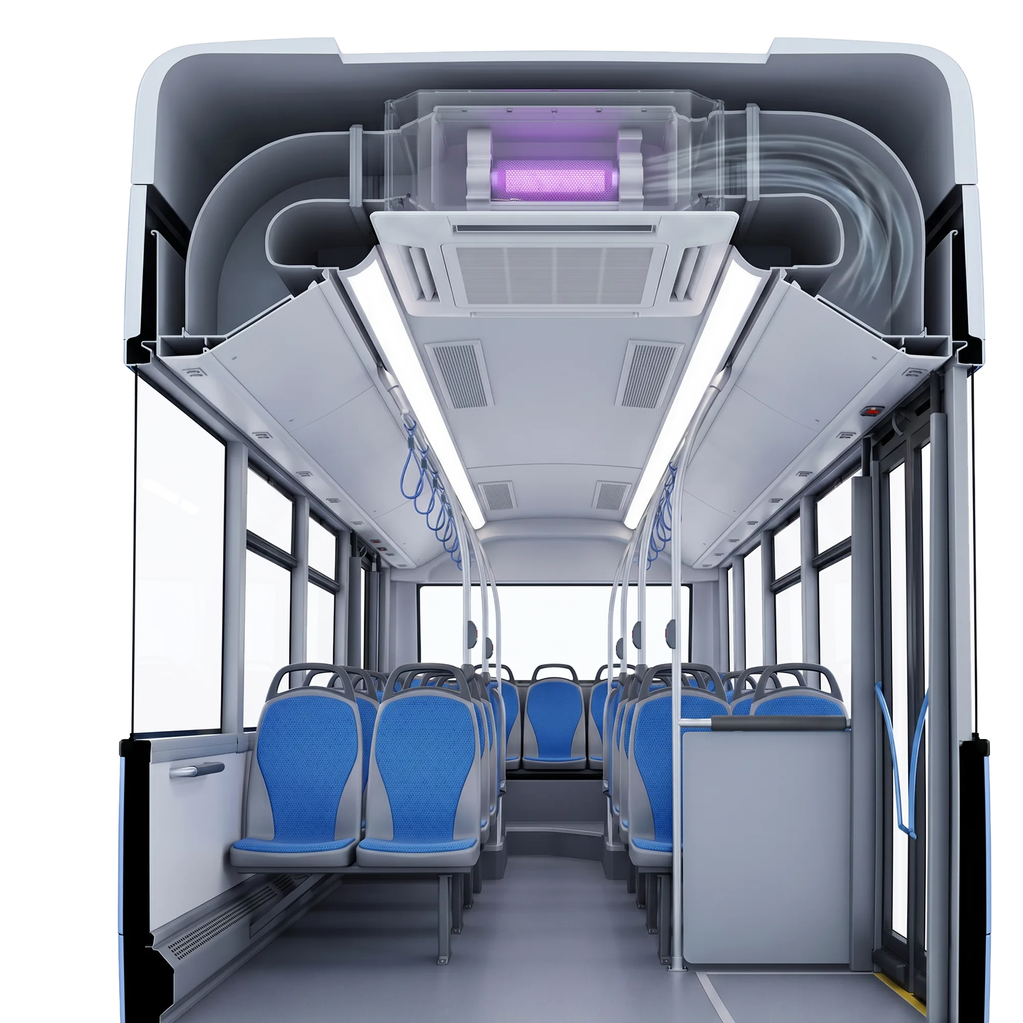 Bus interior with a Pür Plasma core in the overhead HVAC duct, circulating clean air to every seat