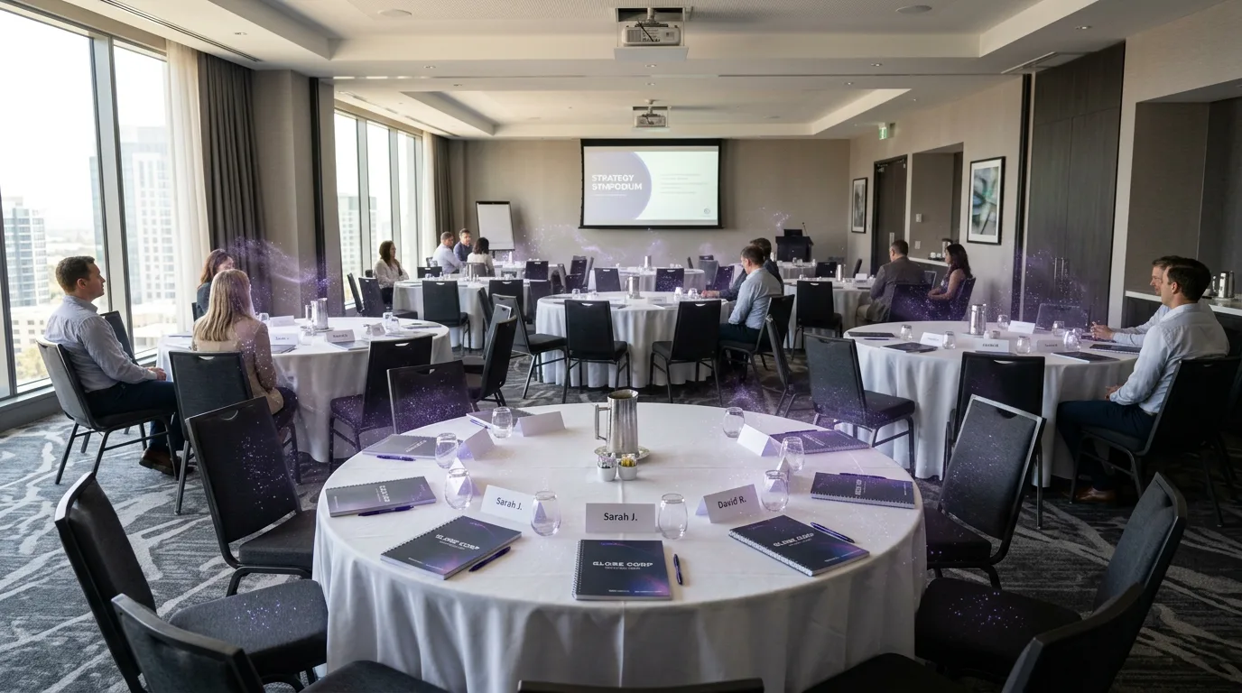 People seated around a conference table by tall windows, with a violet plasma sparkle in the air