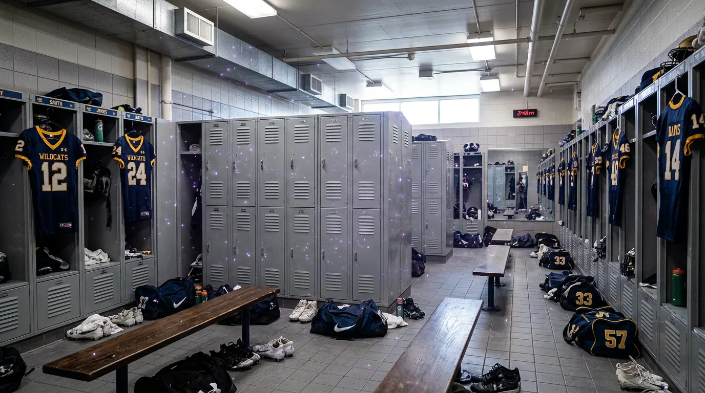 Sports locker room with jerseys and gear bags, violet plasma sparkle in the air