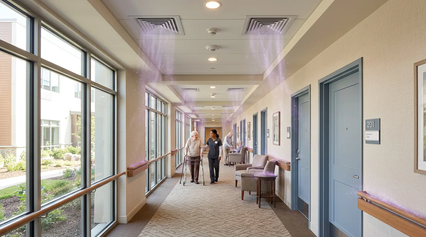 Caregiver walking with an elderly person down a sunlit corridor, violet plasma sparkle in the air