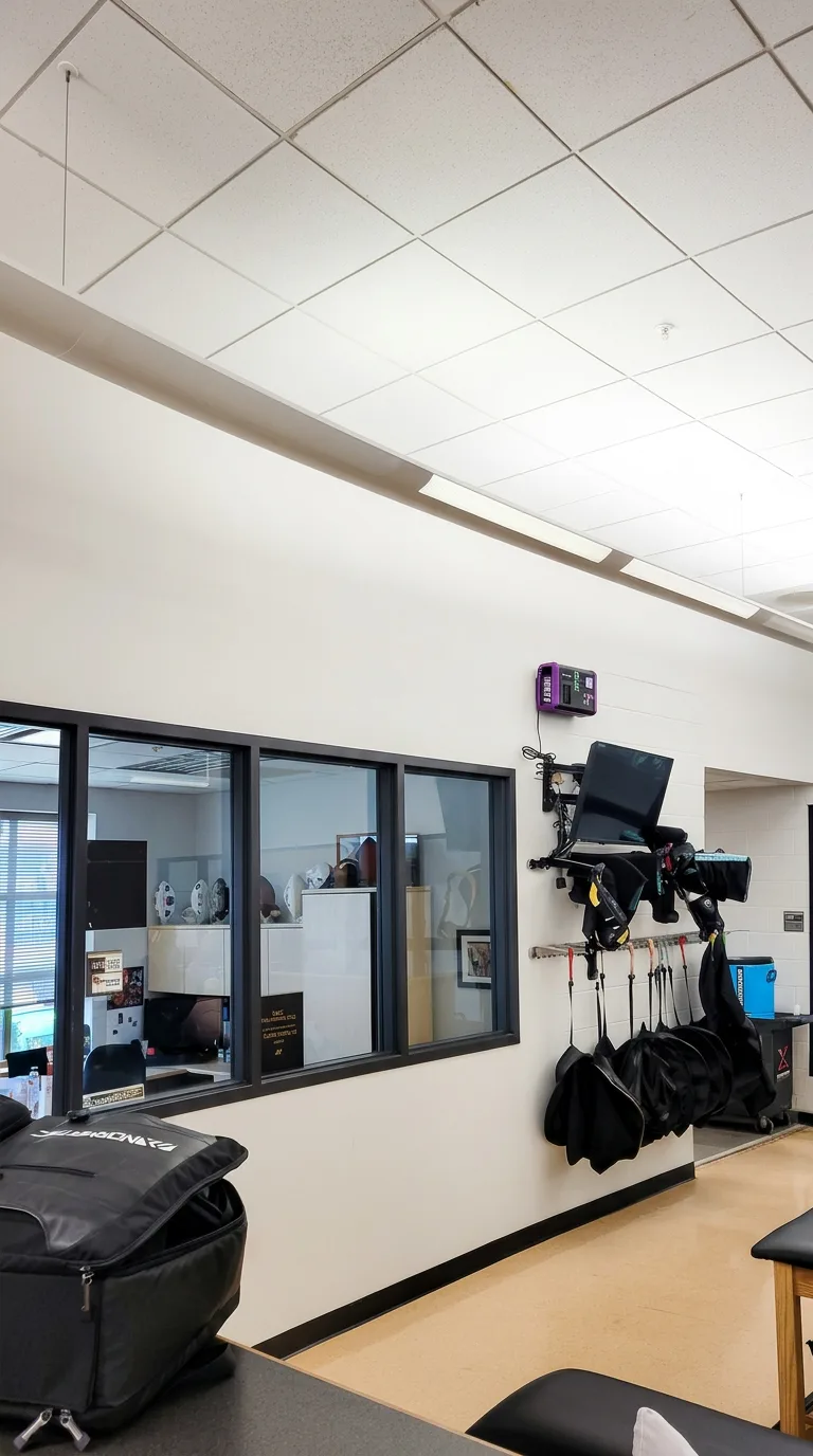 Wall-mounted black wrestling and training equipment hanging on a beige wall in an athletic facility, with a purple device mounted near the top and a window to the left