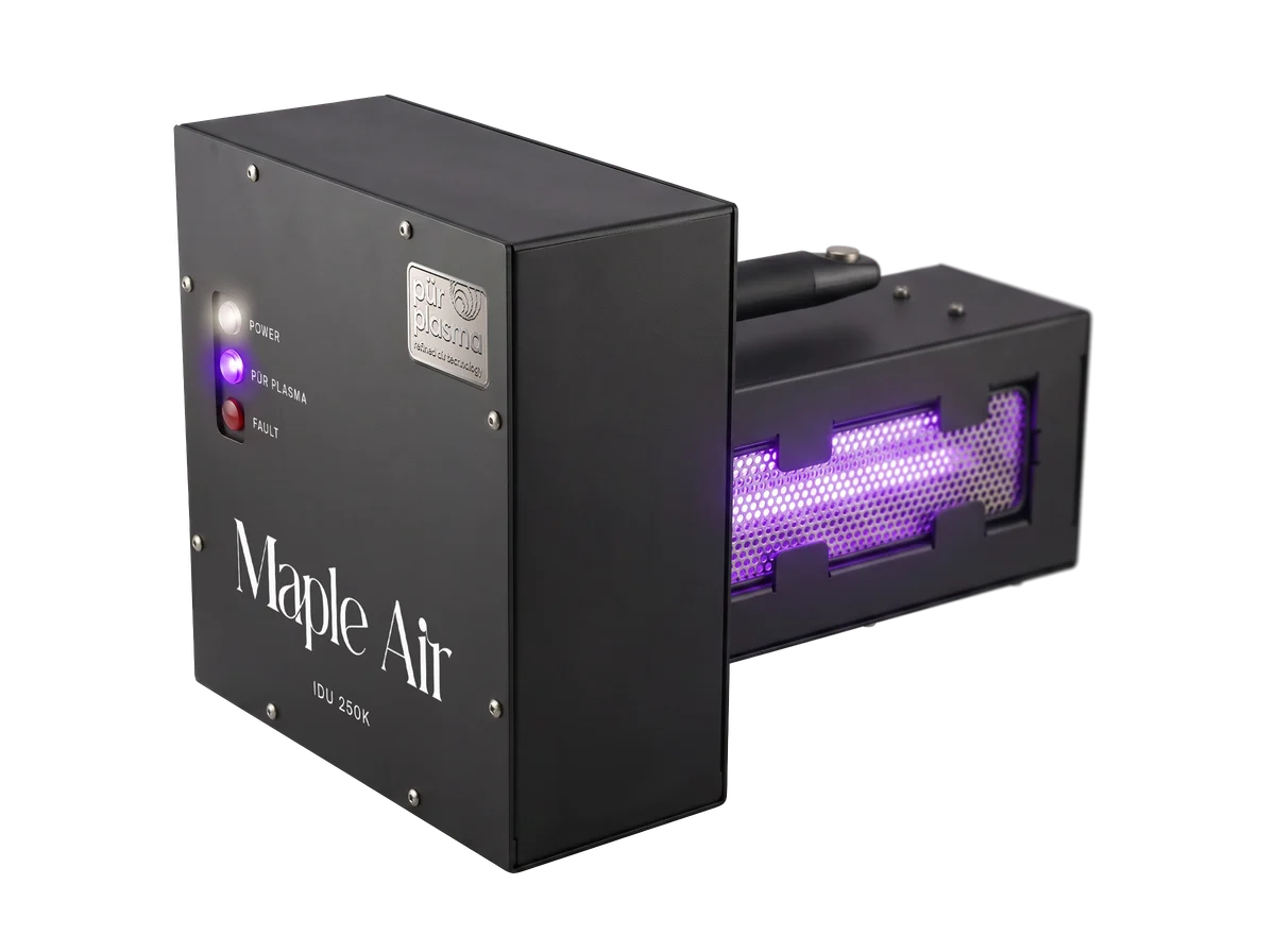 Maple Air IDU 250K commercial duct unit at a three-quarter angle with the glowing purple plasma core extending from the housing