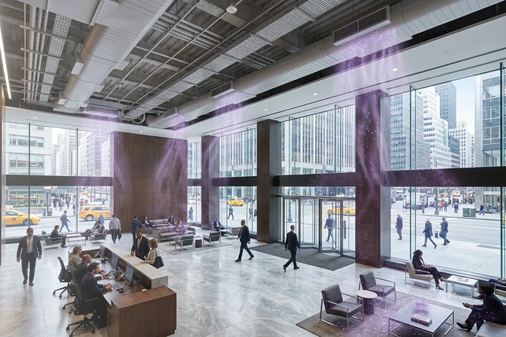 The same corporate office lobby filled with violet Pür Plasma streams of clean air