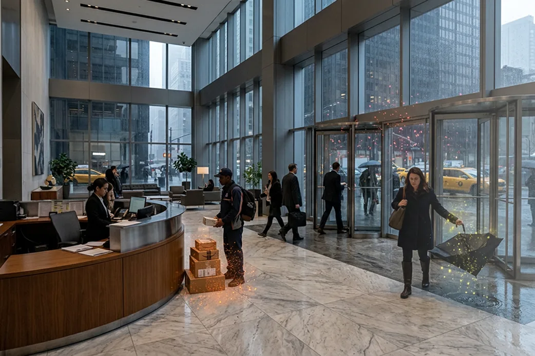 Busy corporate office lobby clouded by a red haze of airborne pollutants