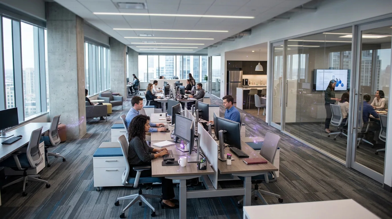Busy open-plan office with rows of desks and people working at computers, with a subtle plasma-purification sparkle effect over the workspaces