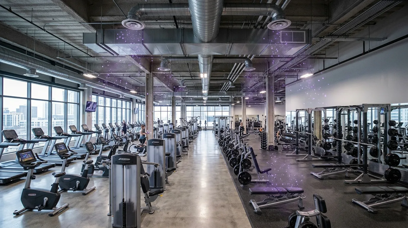 Commercial gym interior with exposed overhead HVAC ductwork and rows of cardio and strength machines, with a subtle purple plasma sparkle over the ductwork