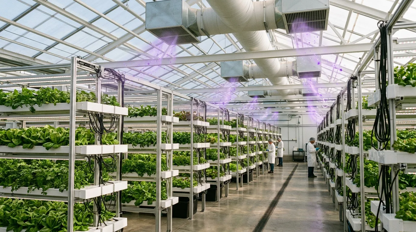 Vertical-farm grow racks in a greenhouse with purple Pür Plasma sparkles in the air