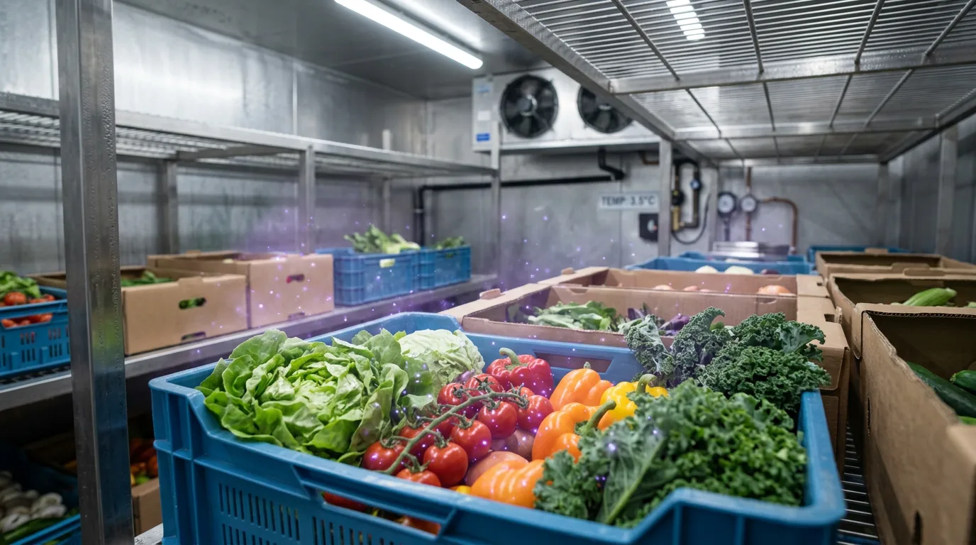 Fresh produce — lettuce, tomatoes and peppers — in a blue crate with purple Pür Plasma sparkles