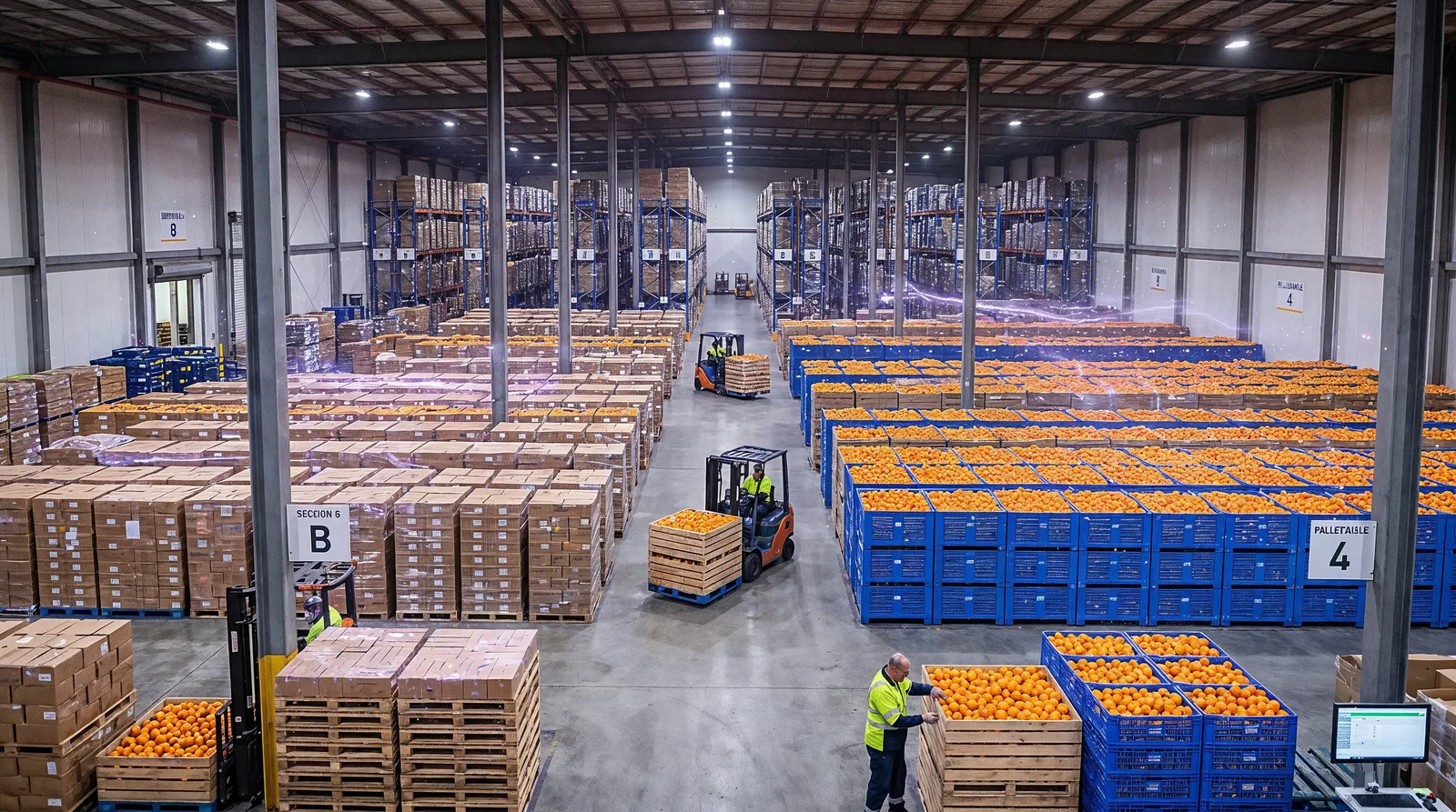 Warehouse aisle with forklifts moving crates of oranges, purple Pür Plasma sparkles overhead