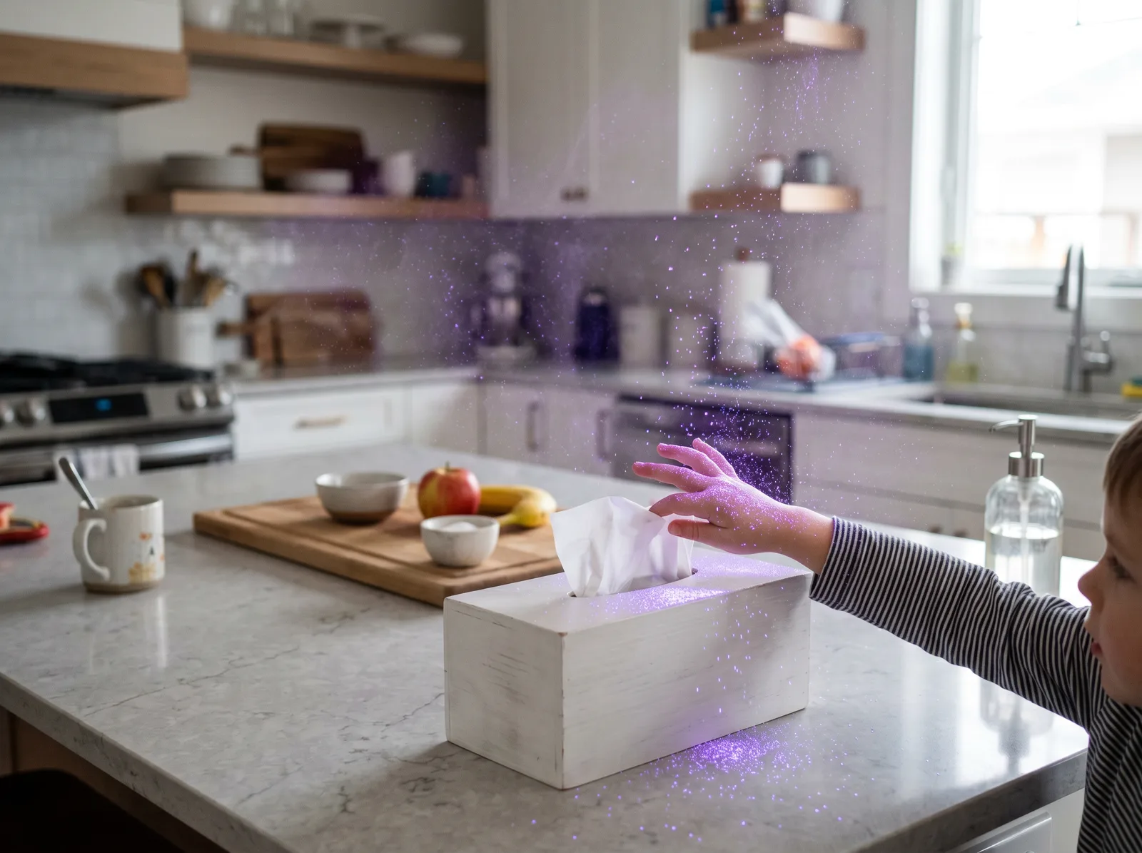 A hand reaching toward a white tissue box on a kitchen counter, with purple plasma sparkles in the air