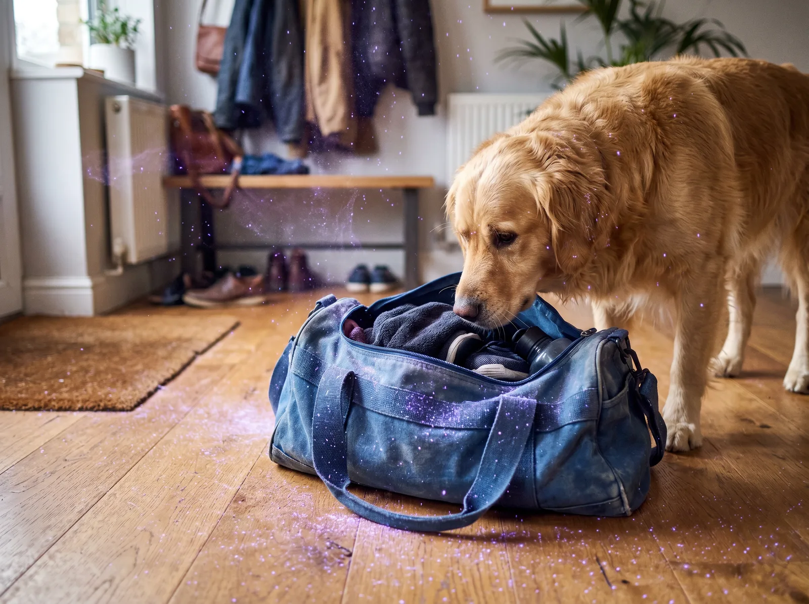 A golden retriever sniffing a denim duffel bag on a wooden floor, with purple plasma sparkles in the air