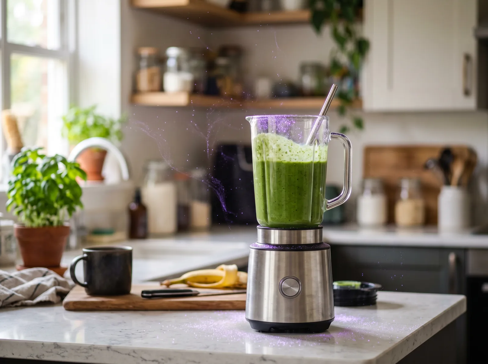 A green smoothie in a blender jug on a kitchen counter, with purple plasma sparkles in the air