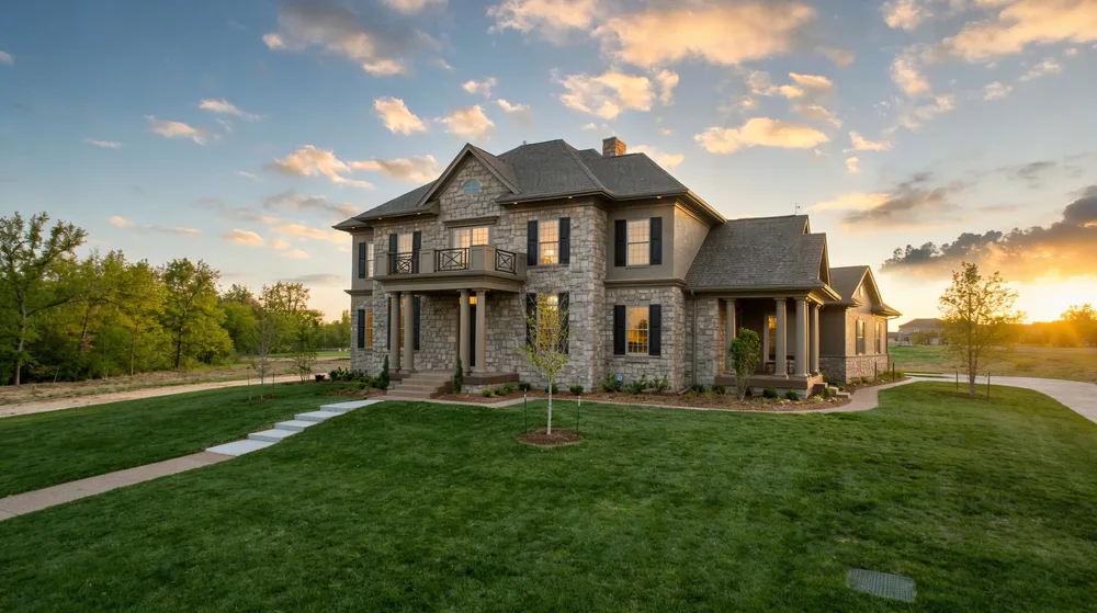 Large stone-front two-story suburban home with a green lawn at golden hour — John Lynn residence, Lake Norman, NC