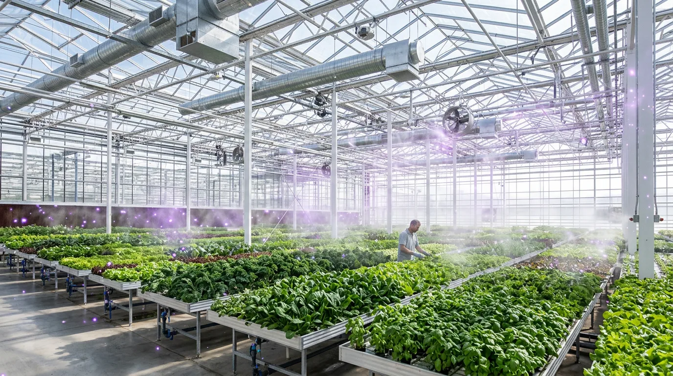 A commercial greenhouse growing produce
