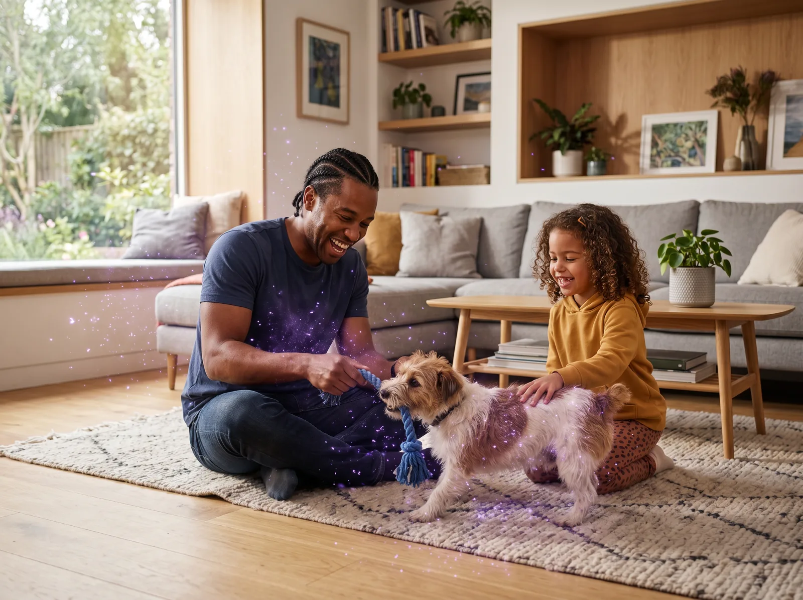 A family playing with their dog at home