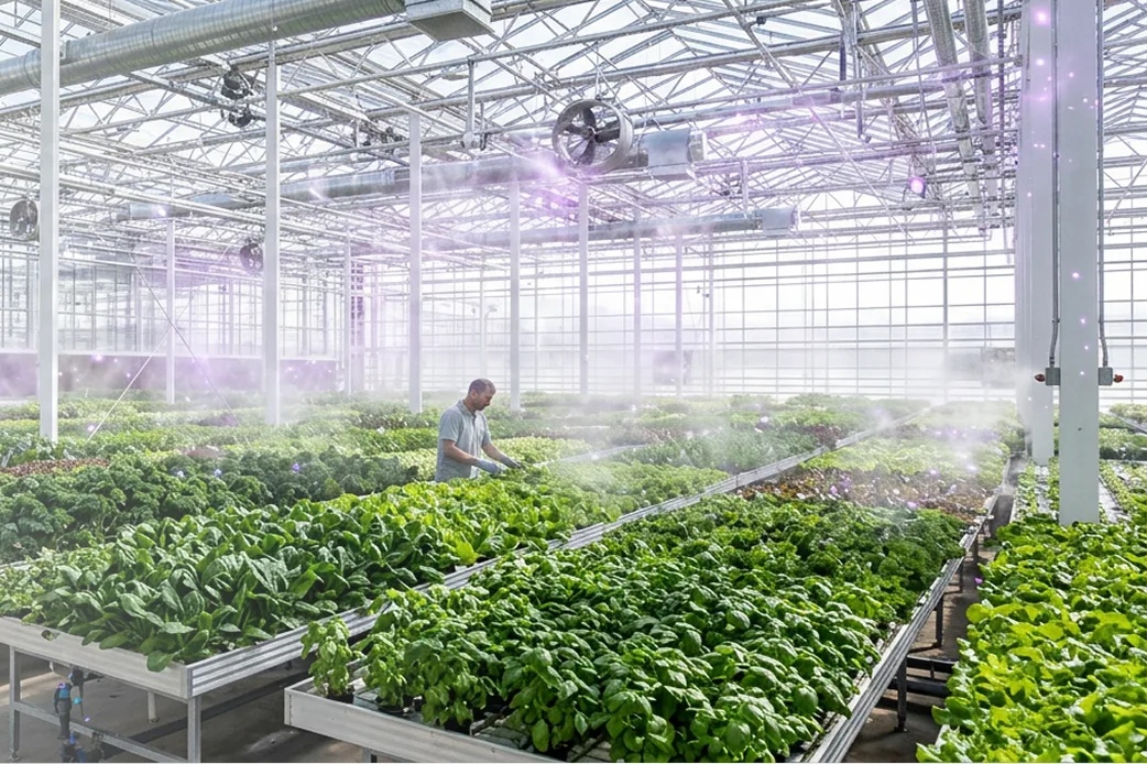 The same greenhouse rows bathed in violet Pür Plasma sparkle of clean air