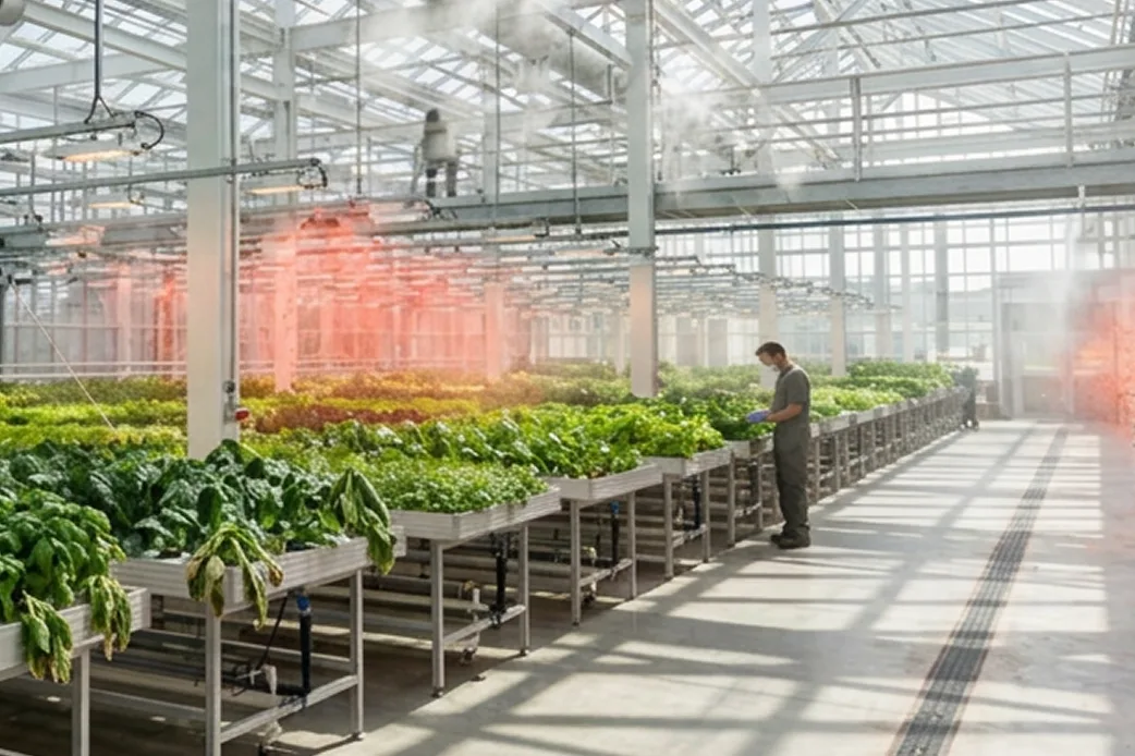 Rows of greenhouse produce clouded by a red haze of airborne pollutants