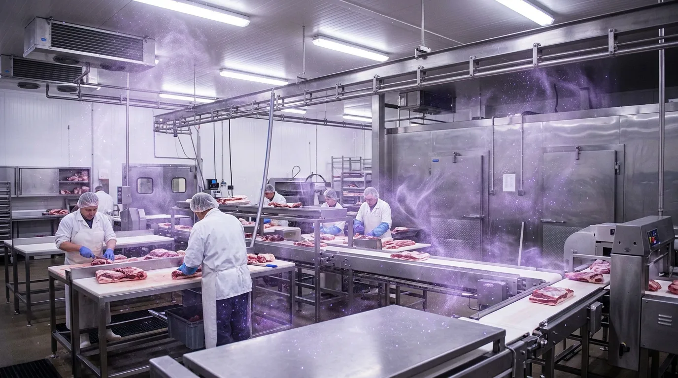 Workers in white coats, hairnets and blue gloves processing meat on stainless-steel tables in a commercial facility, with a purple plasma sparkle overlay