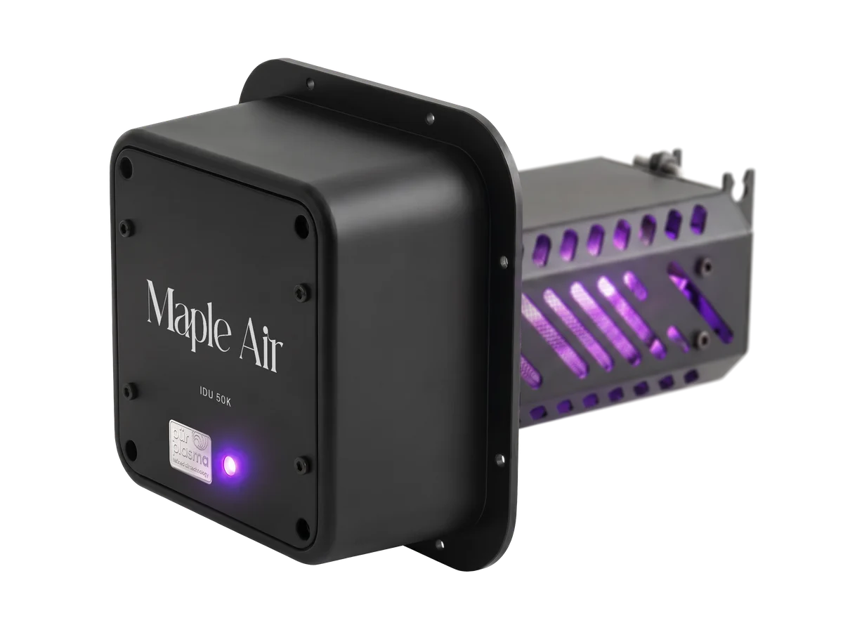 Maple Air HVAC duct-installed unit (IDU 50K), front three-quarter view with purple UV core