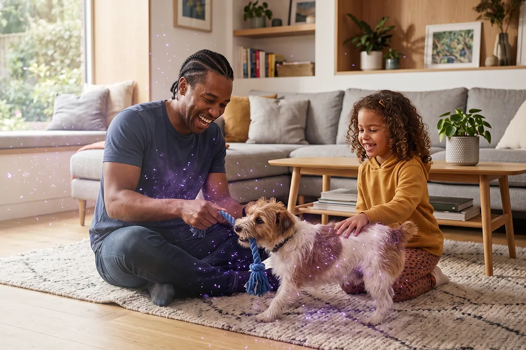 Family and child playing with their dog in a living room filled with violet Pür Plasma sparkle