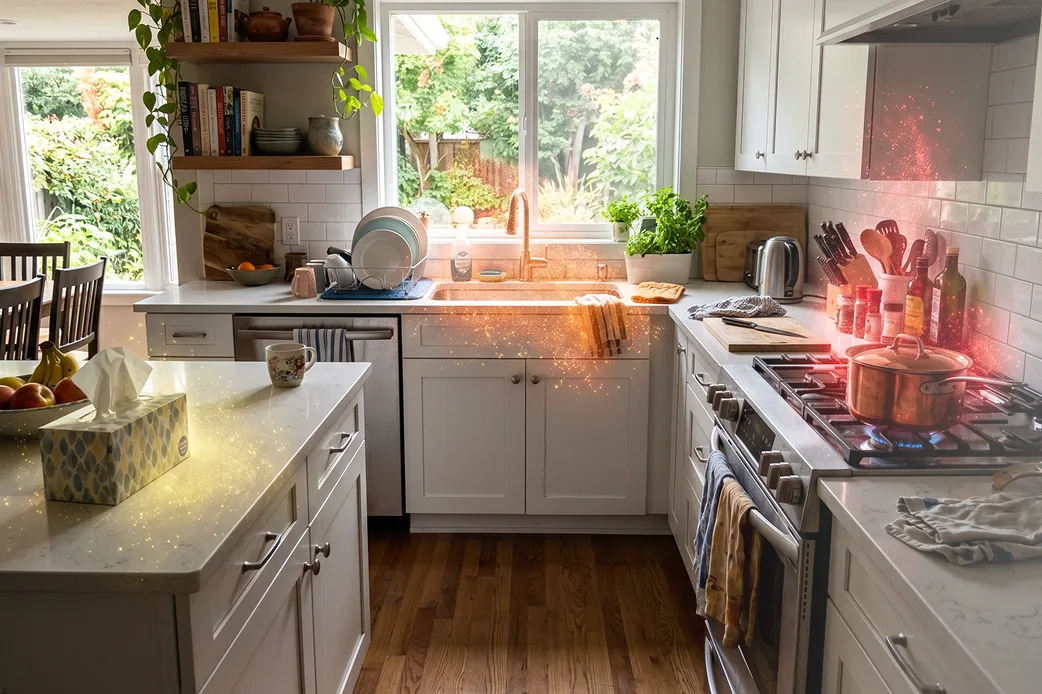 Sunlit home kitchen clouded by a red haze of airborne pollutants