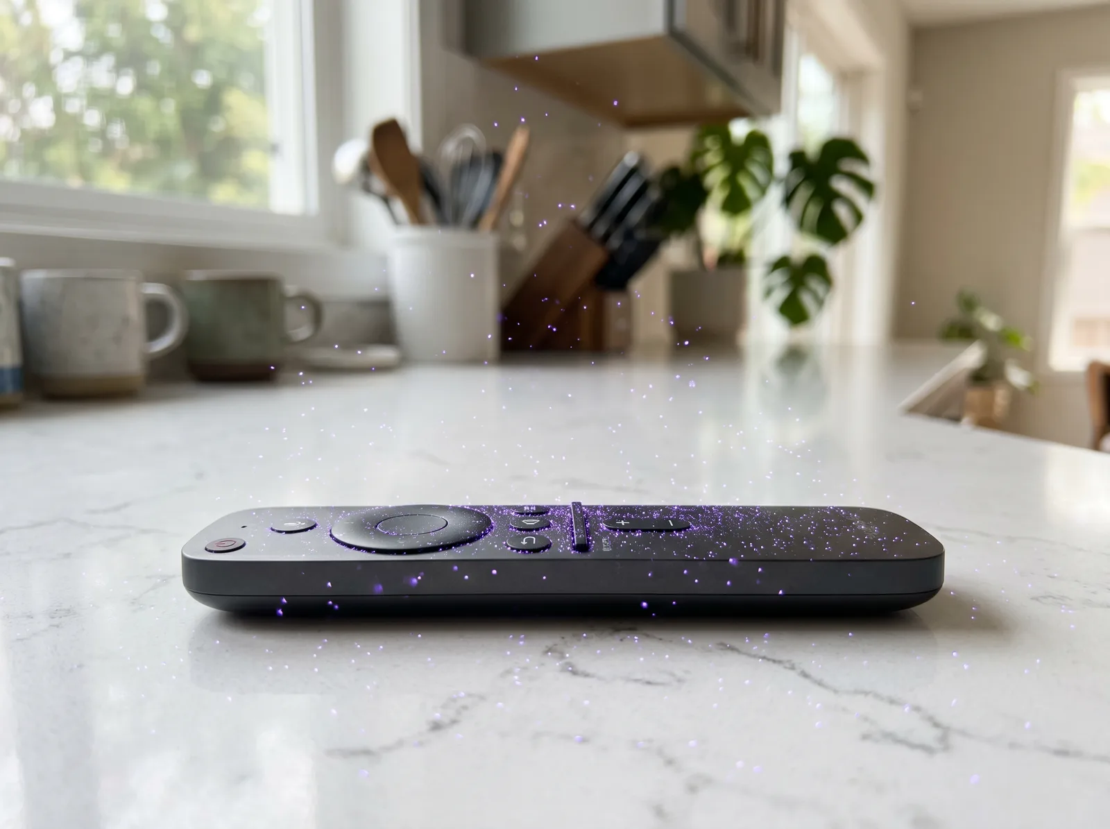 Marble kitchen countertop with a Pür Plasma device and faint purple particles drifting across the surface
