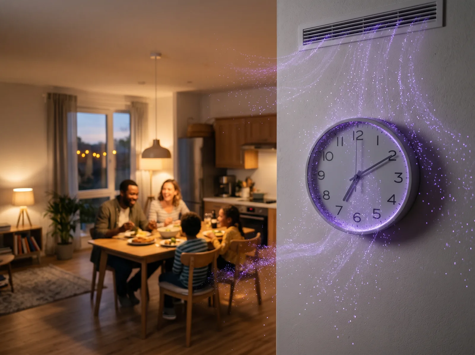Wall-mounted Pür Plasma unit above a glowing clock with purple plasma light